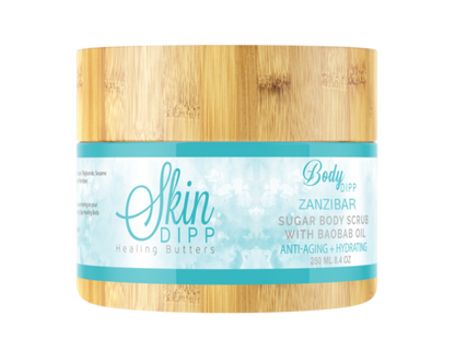 Skin Dipp Zanzibar Sugar Scrub paired with Zanzibar Body Butter for ultimate hydration and softness